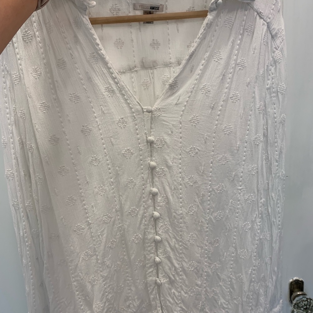 White embroidered long sleeve button down blouse
